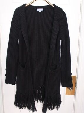 Hanifa Black Ribbed Open-Front Fringe Cardigan MRSP $260